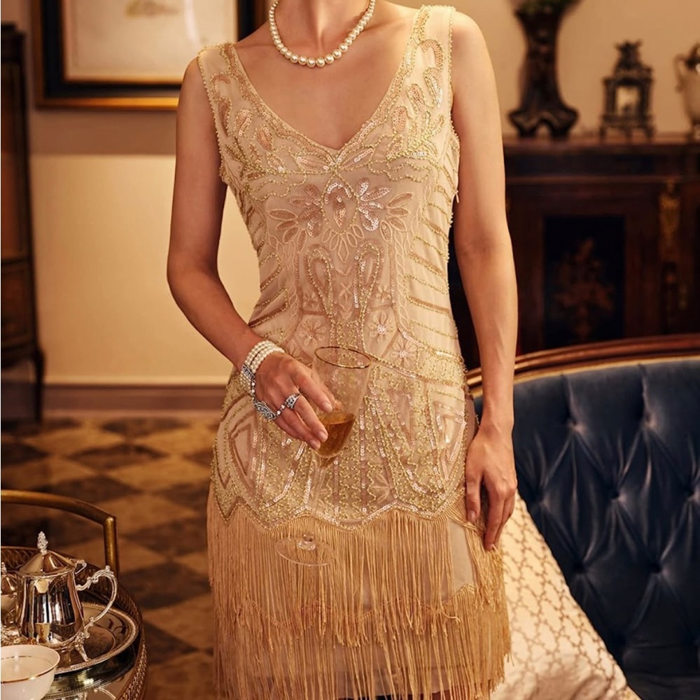 BABEYOND Women's Flapper Dresses 1920s V Neck Beaded Fringed Great Gatsby Dress